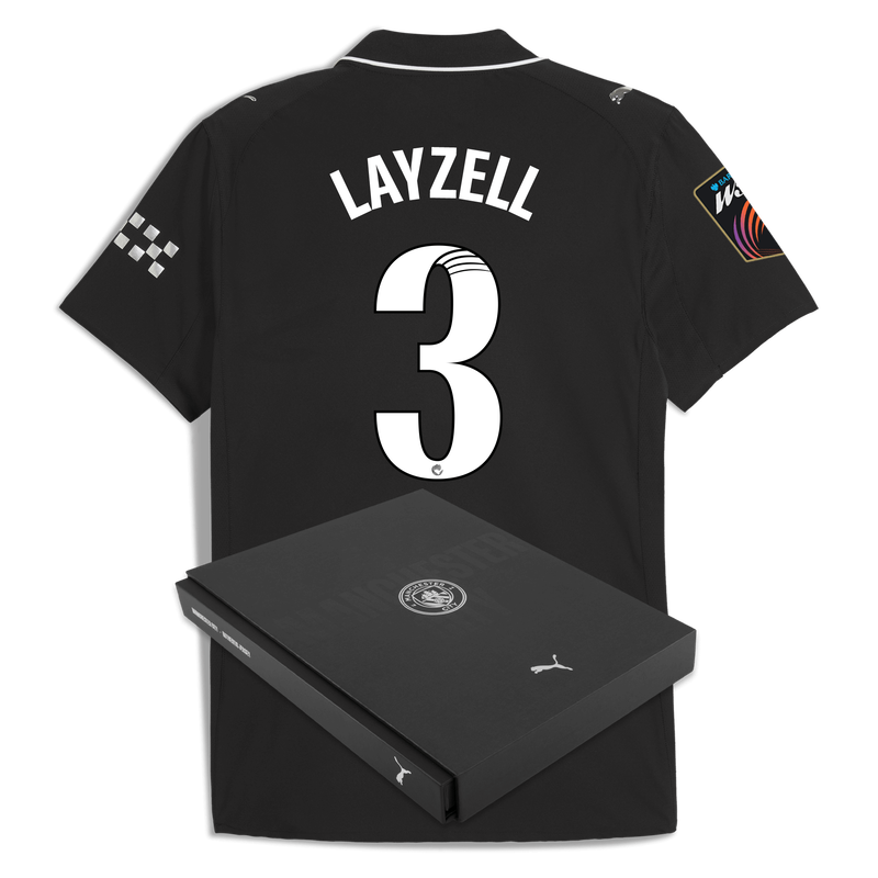 Man City Away Authentic Jersey 2025/26 With LAYZELL 3 Printing in Gift Box black - Check out all Manchester City t-shirts online